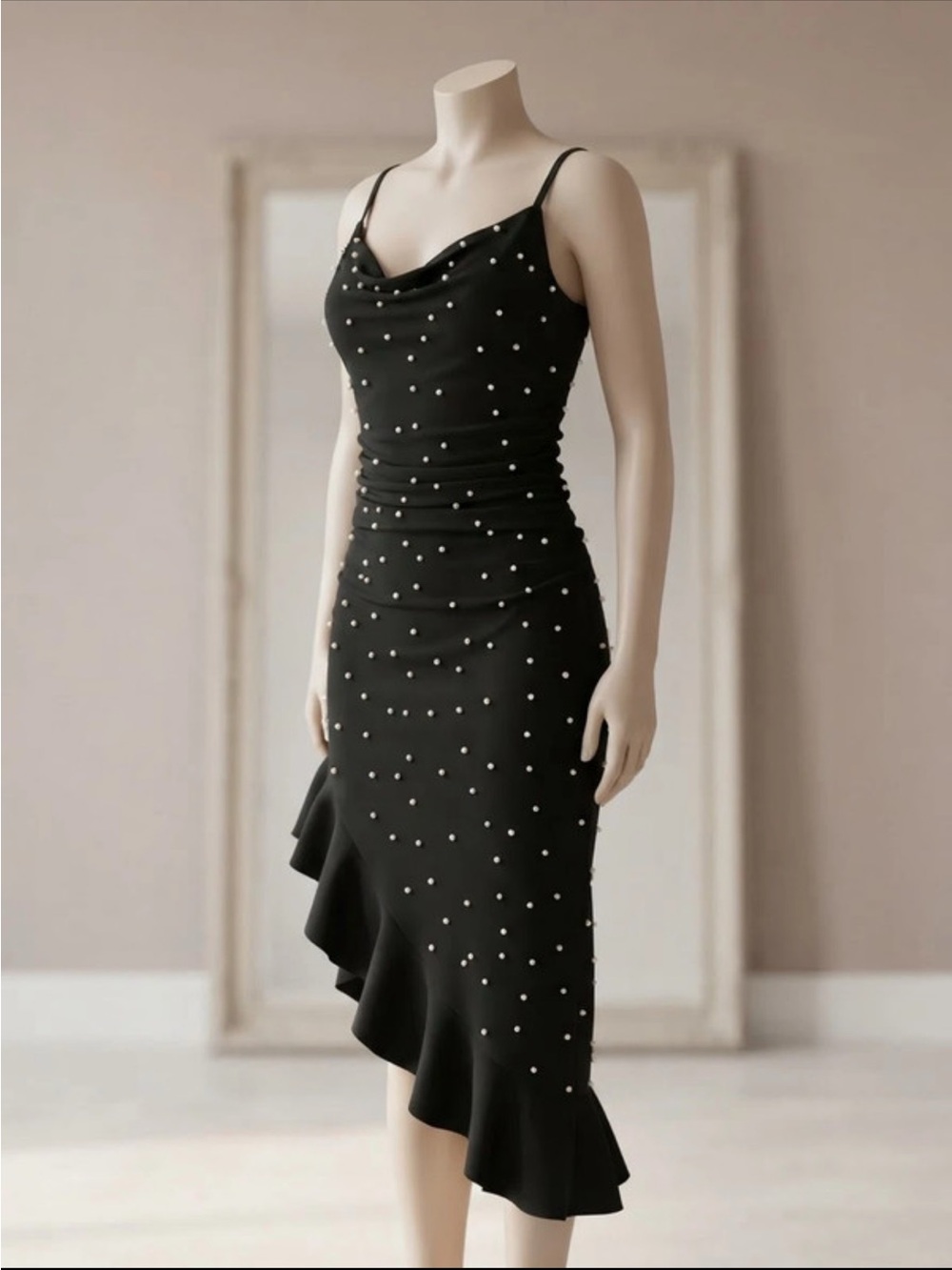 Haute Monde Black Elegant Dress with Pearls and Ruffles - Size M